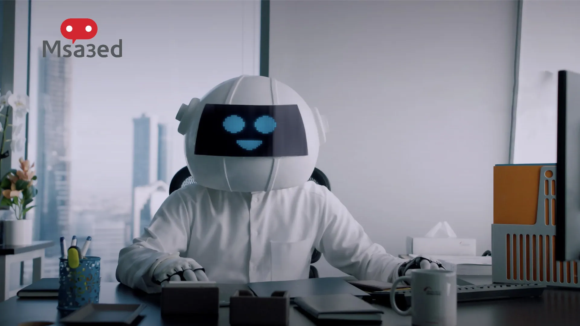 A picture of a person depicting a robot indicates that Msa3ed is an interactive chatbot in Kuwait available 24/7 to assist with any inquiries via the Boubyan App
