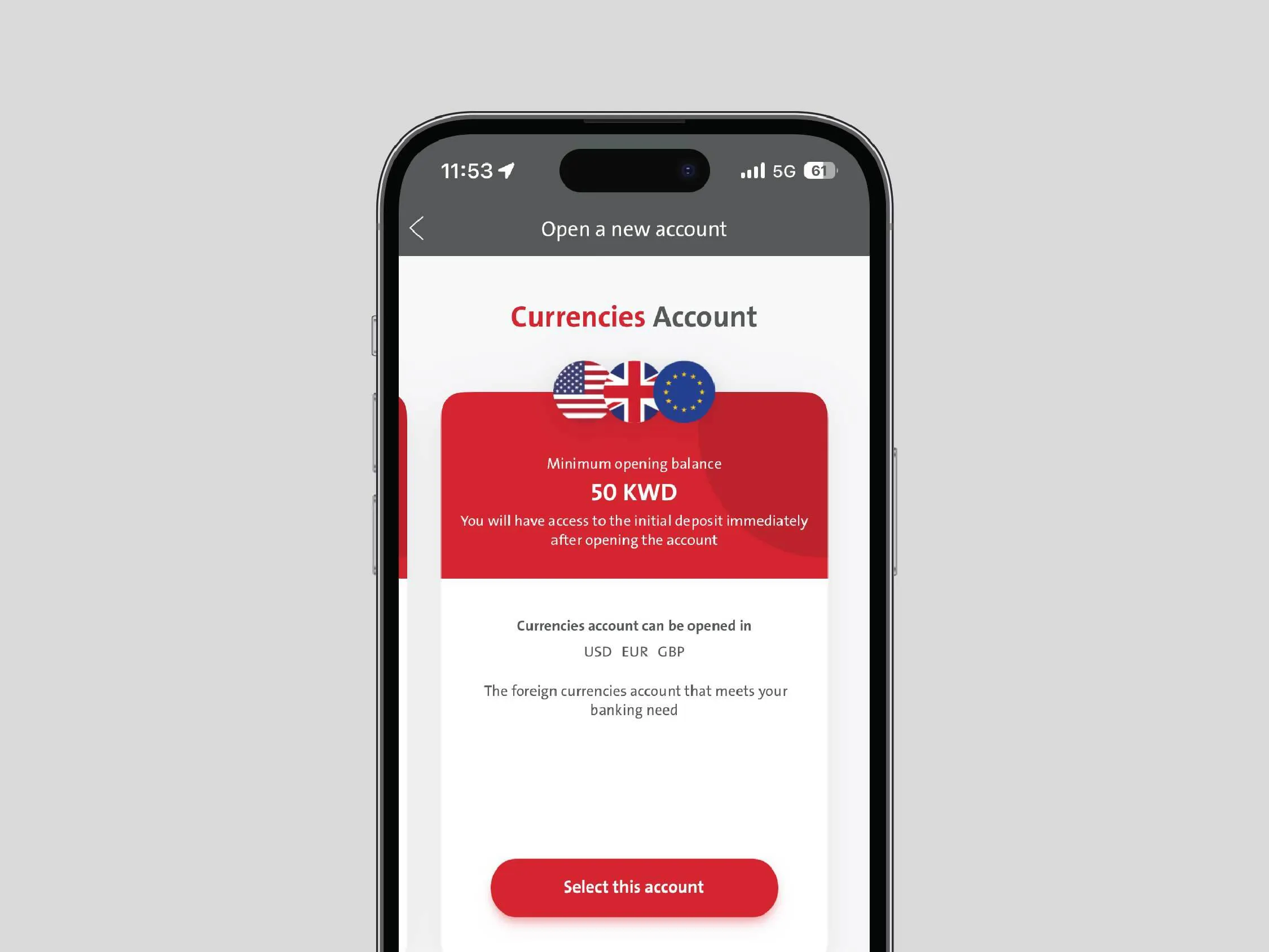 A screenshot of the app layout for opening a foreign currency account.